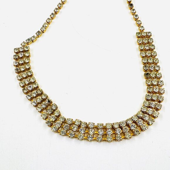 Vintage Gold Tone And Champagne Rhinestone Choker 3 Rows Runway Glam Elegant 90s - Picture 3 of 5